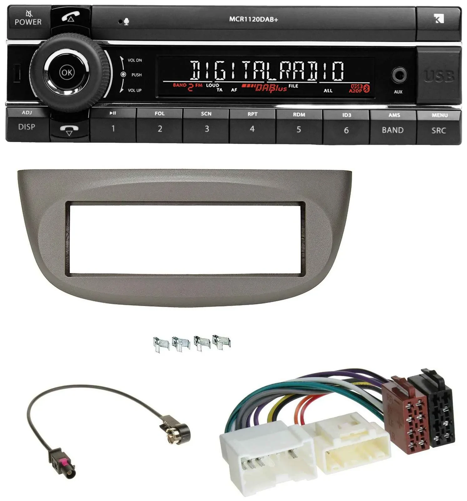 Kienzle Bluetooth MP3 USB DAB Autoradio für Renault Twingo ab 2012 beige-grau
