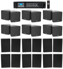 Rockville 6-Zone Amp+12) 3.5" Black Cube+12) Wall Restaurant/Bar/Cafe Speakers