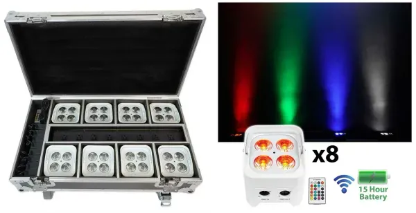 Rockville BEST PACK 50 (8) White Battery Wash Lights+Wireless DMX+Charging Case