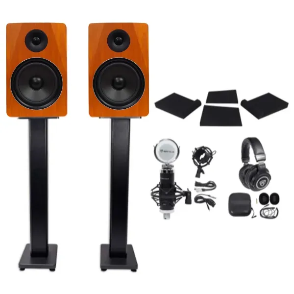 2) Rockville APM8C 8" 500w Powered Studio Monitors+Stands+Pads+Headphones+Mic