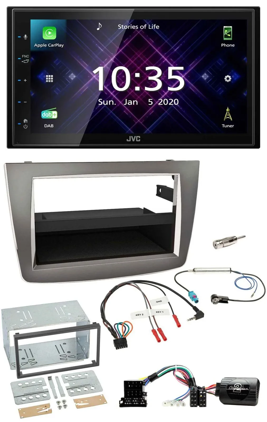 Автомагнитола для Alfa Romeo Mito (2008–2014) JVC DAB, 2 DIN, Bluetooth, USB, серебристая, поддержка управления с руля