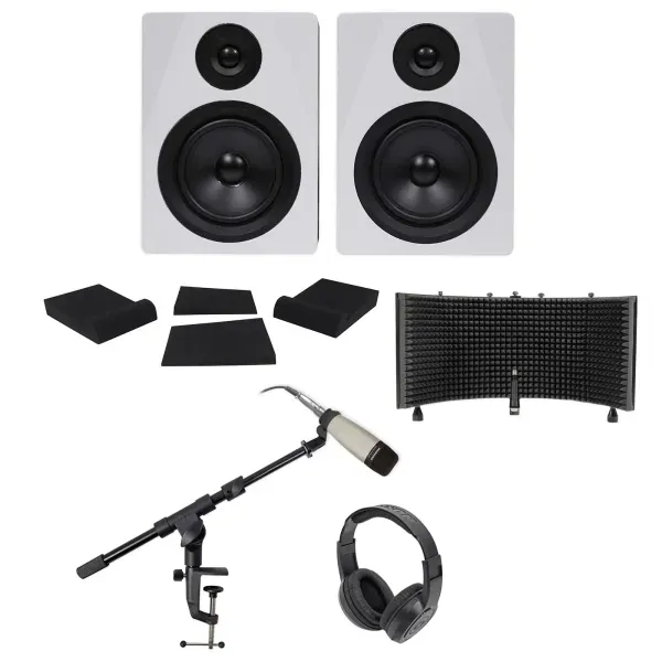 2 Rockville 5.25" 250w Powered Studio Monitors+Mic+Headphones+Stand+Shield+Pads