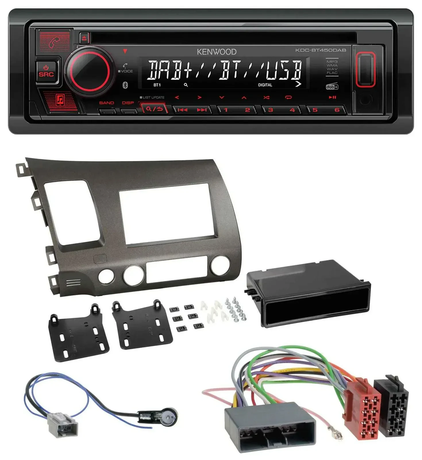 Автомагнитола Kenwood MP3/CD/USB, Bluetooth, DAB для Honda Civic Hybrid FD3 2006–2010, антрацит