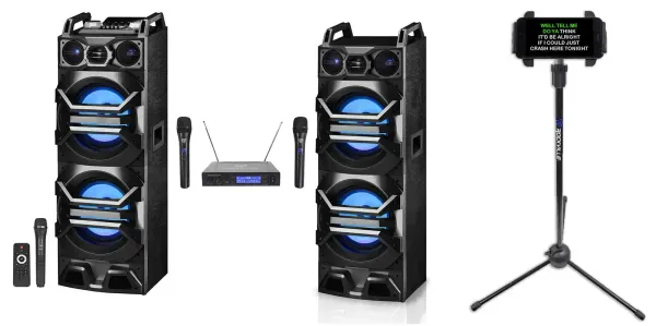 2) Technical Pro Dual 10" 3000w Bluetooth Karaoke Speakers w/USB/SD/LED+3) Mics