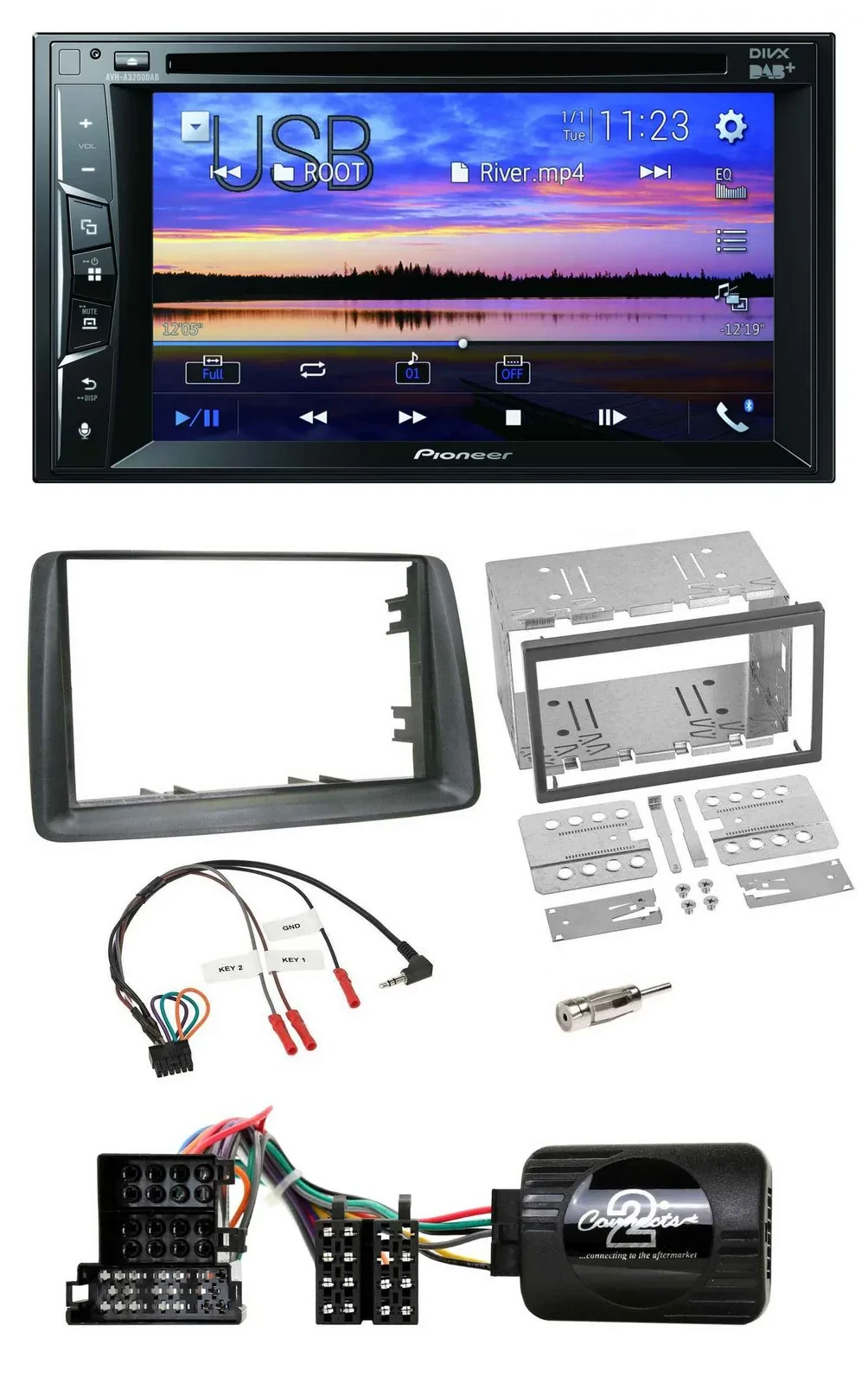 Автомагнитола для Fiat Panda 2004–2007 Pioneer 2DIN, Bluetooth, USB, DVD, DAB, управление с руля, серый