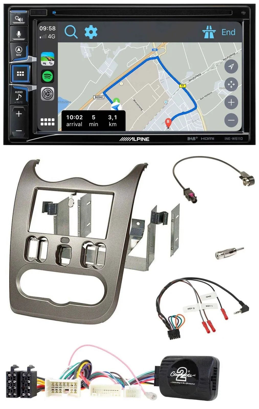 Alpine DAB TMC Bluetooth 2DIN USB Lenkrad Navigation für Dacia ab 2012 dunkelsil
