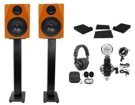 (2) Rockville DPM5C 5.25" 300w Dual Active Studio Monitors+Stands+Headphones+Mic