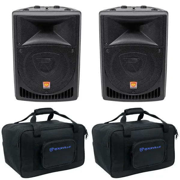 (2) Rockville RPG8 8" Powered 800 Watt DJ PA Speakers+Weather proof Carry Bags