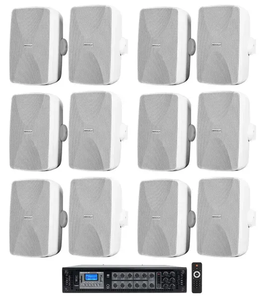 (12) White 5.25" Commercial 70v Wall Speakers+Amp 4 Restaurant/Office/Cafe/Bar