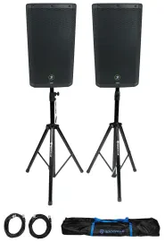 (2) Mackie Thrash212 GO 12" Bluetooth Rechargeable DJ PA Speakers+Stands+Cables