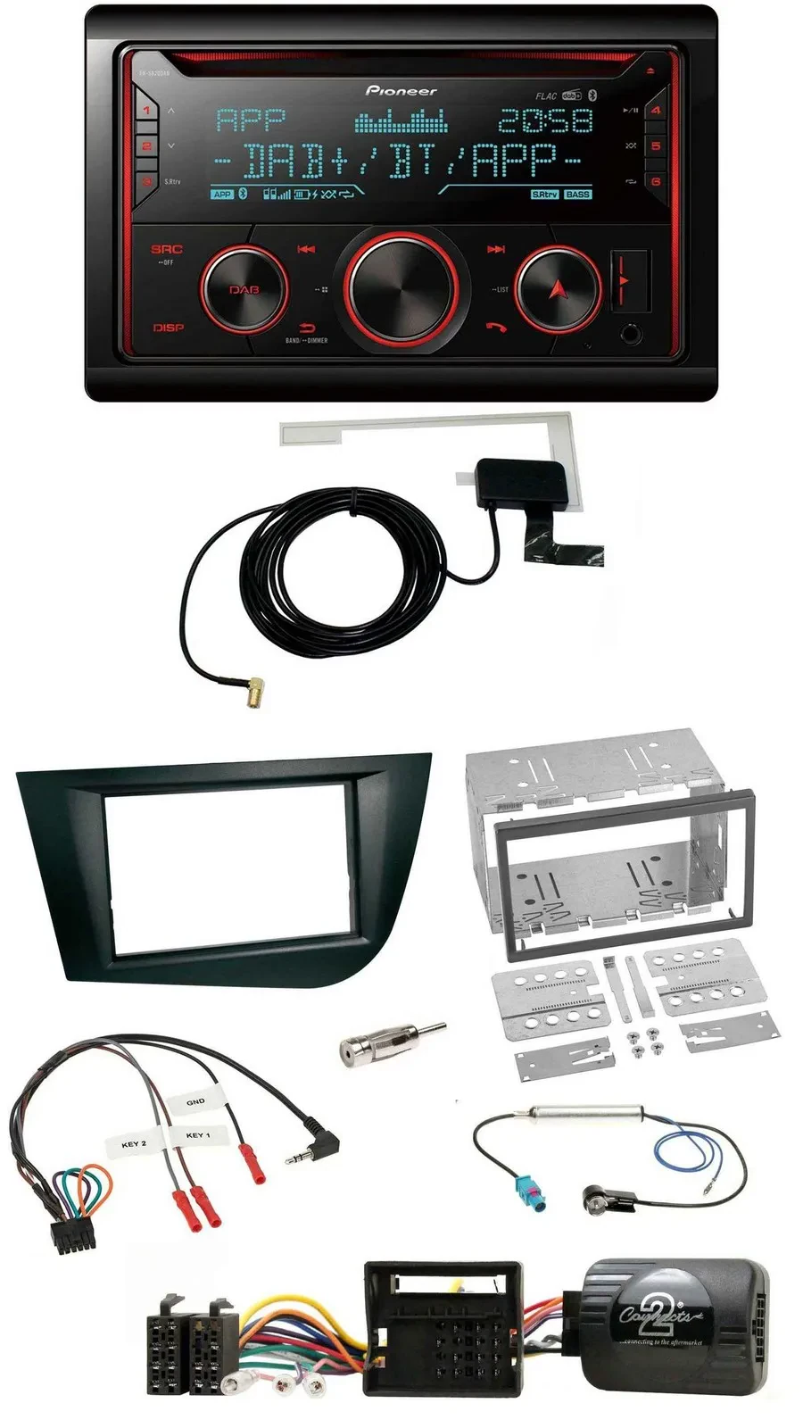 Автомагнитола для Seat Leon 2005–2009 Pioneer 2DIN, DAB, USB, CD, Bluetooth, черный, с управлением с руля