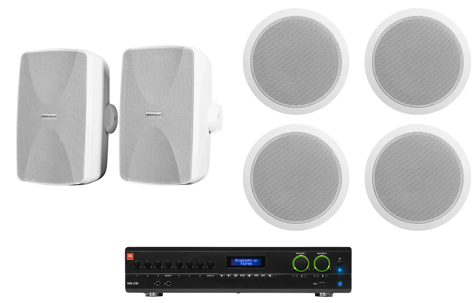 JBL VMA2120 2-Ch Commercial 70V Amplifier+(2) Wall+(4) Ceiling Speakers in White