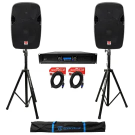 (2) Rockville SPGN124 12" 1200W DJ PA Speakers+Power Amplifier+Stands+Cables