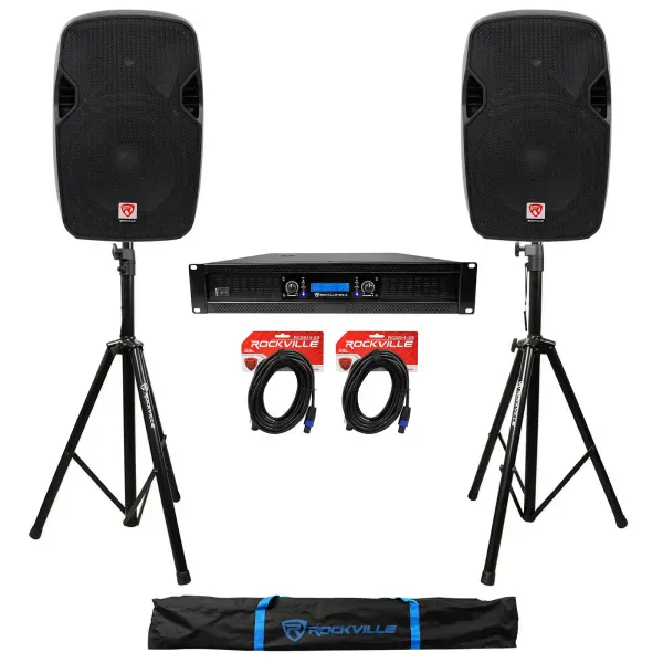 (2) Rockville SPGN124 12" 1200W DJ PA Speakers+Power Amplifier+Stands+Cables