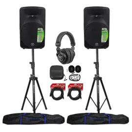 2) Mackie SRM350V3 1000w 10“ Powered PA Speakers+(2) Hydraulic Stands+Headphones