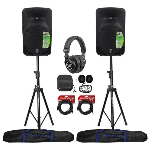 2) Mackie SRM350V3 1000w 10“ Powered PA Speakers+(2) Hydraulic Stands+Headphones