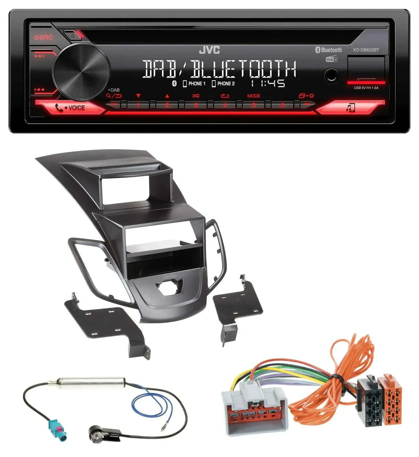 Автомагнитола для Ford Fiesta 2008–2010 JVC CD DAB USB Bluetooth MP3, черный