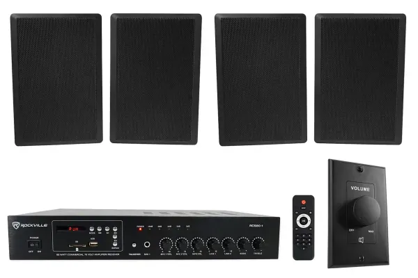 Rockville Commercial Restaurant Amp+(4) Black Slim Wall Speakers+Wall Controller