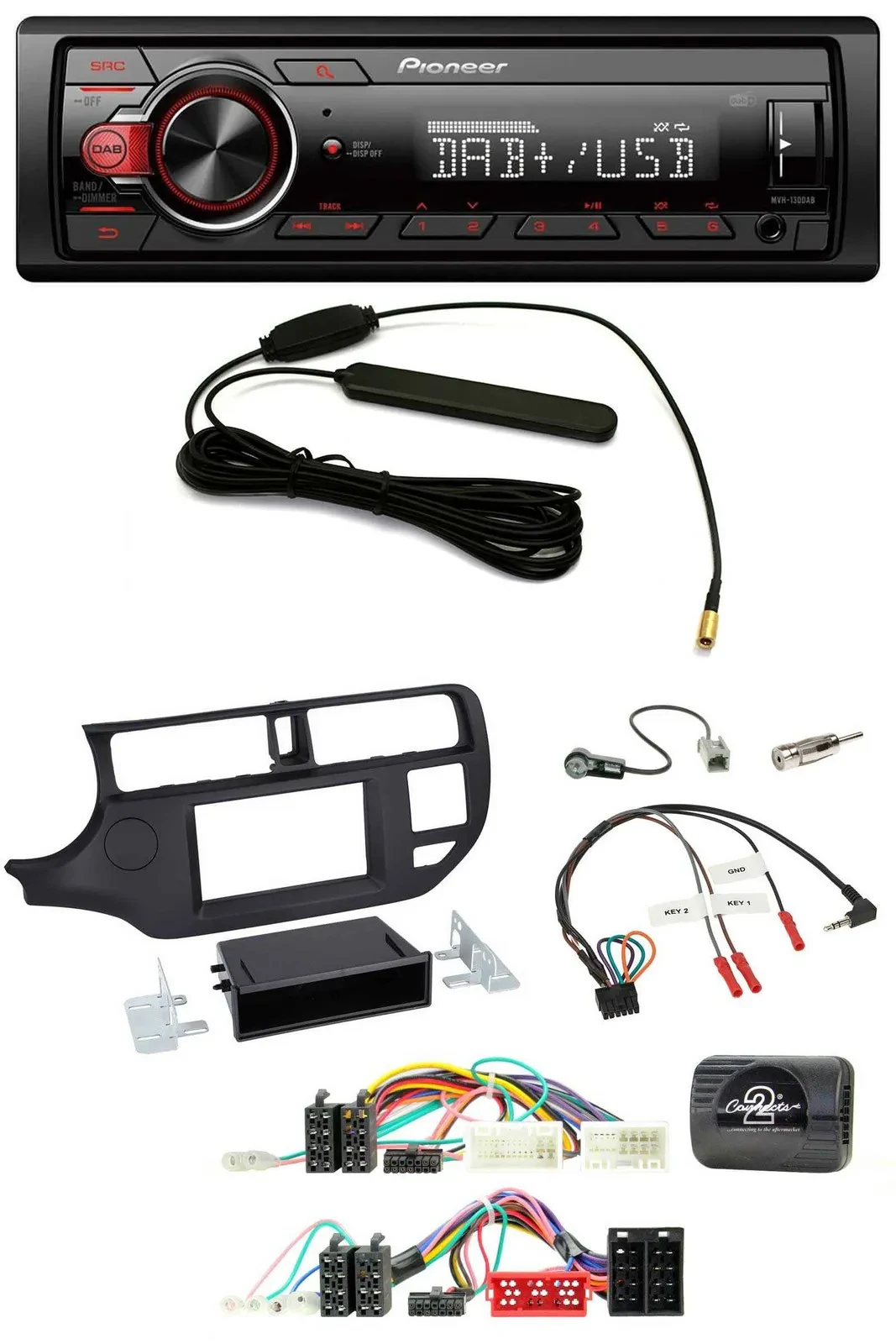 Автомагнитола для Kia Rio UB 2011–2015 Pioneer 1DIN, DAB, USB, MP3, управление с руля, черная