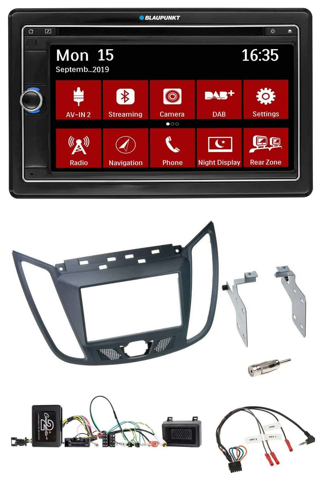 Автомагнитола для Ford C-Max Blaupunkt 2 DIN, Bluetooth, DAB, USB, DVD, серый, поддержка управления на руле