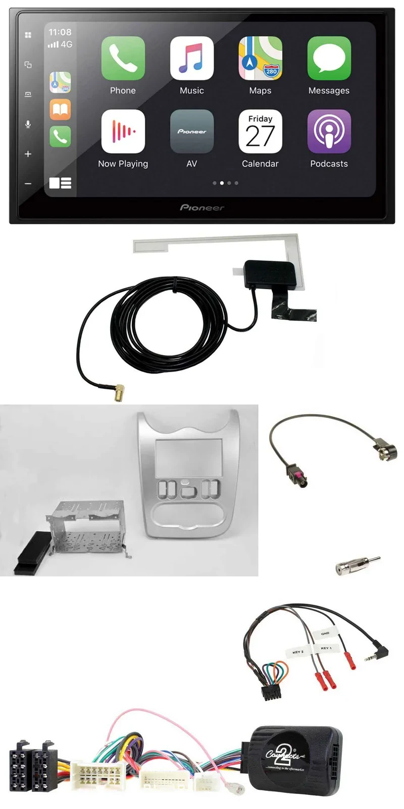 Pioneer USB Lenkrad 2DIN Bluetooth DAB Autoradio für Dacia ab 2012 hellsilber