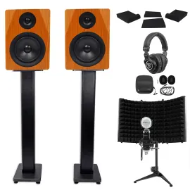 2 Rockville DPM5C 5.25" 300w Active Studio Monitors+Stands+Headphones+Mic+Shield