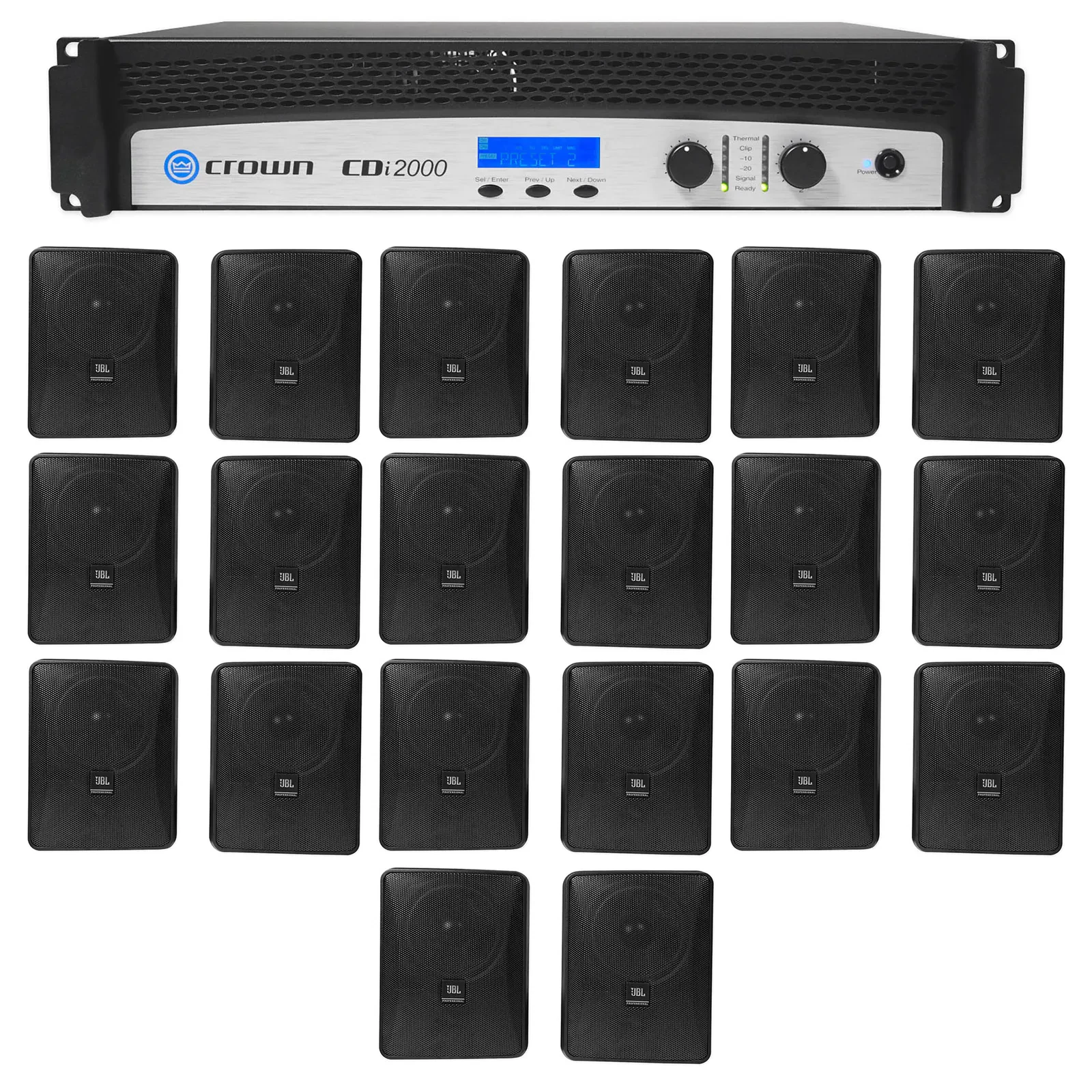Crown CDi2000 2-Ch 800w 70V Commercial Amplifier+20) JBL 30w Black Wall Speakers