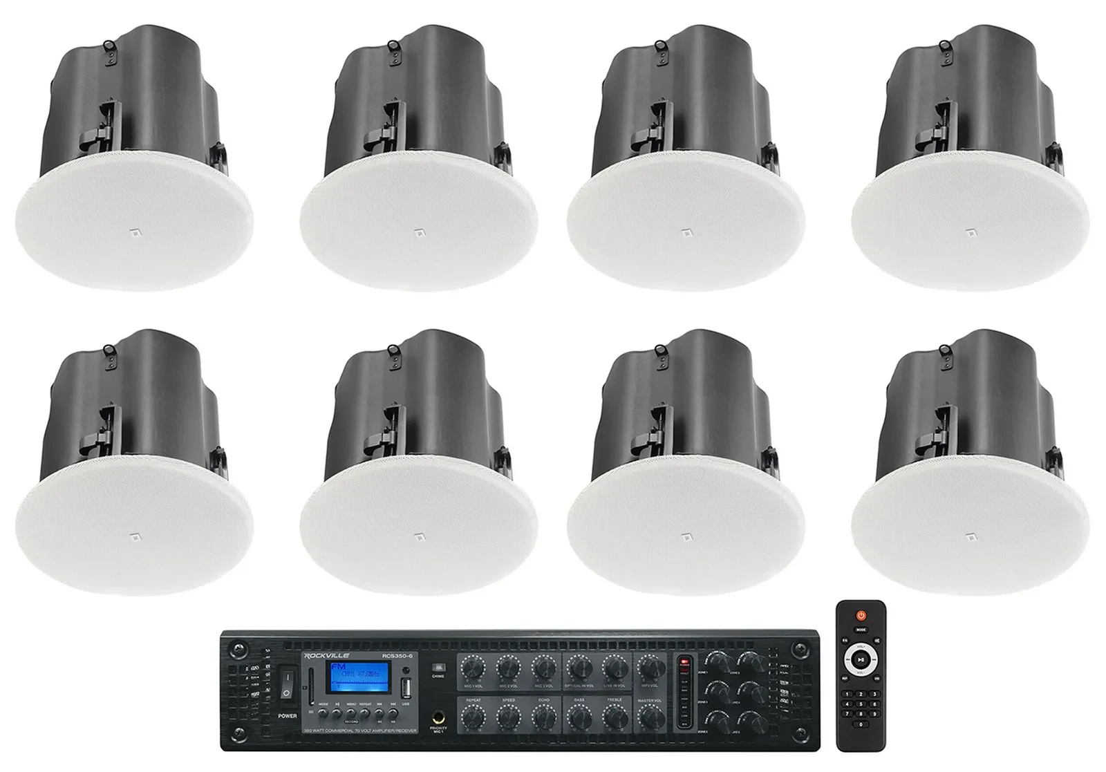 Потолочная акустика для ресторанов/баров JBL Control 414C/T 4", 70V (набор, 8 шт.) + усилитель RCS350-6