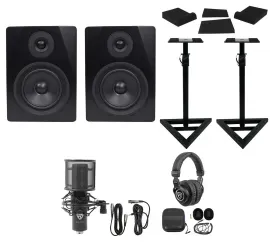 (2) Rockville APM5B 5.25" Powered USB Studio Monitors+Stands+Pads+Mic+Headphones