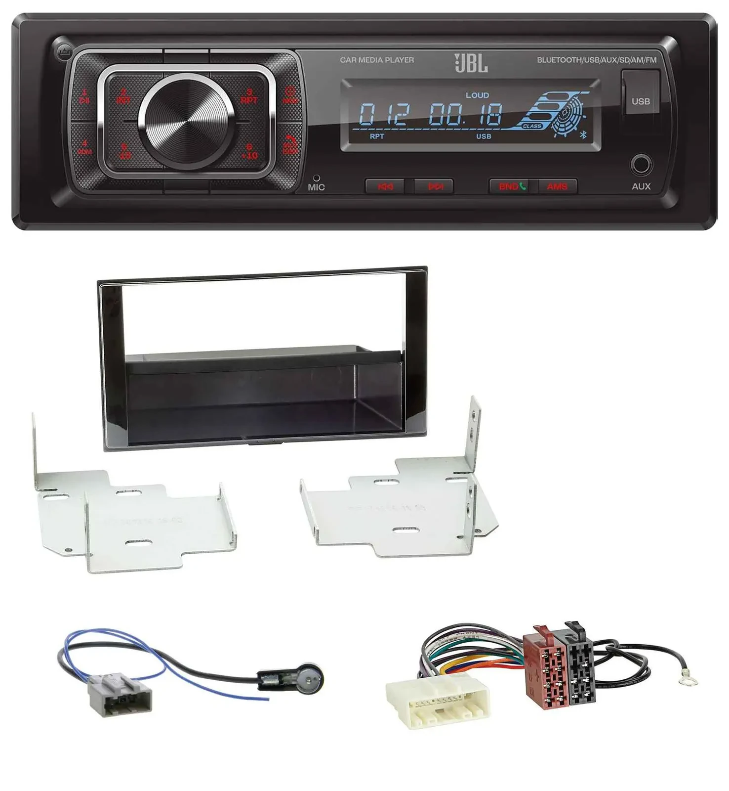 Автомагнитола для Nissan Micra (2013–2017) JBL Bluetooth, USB, AUX, SD, MP3, черный глянец