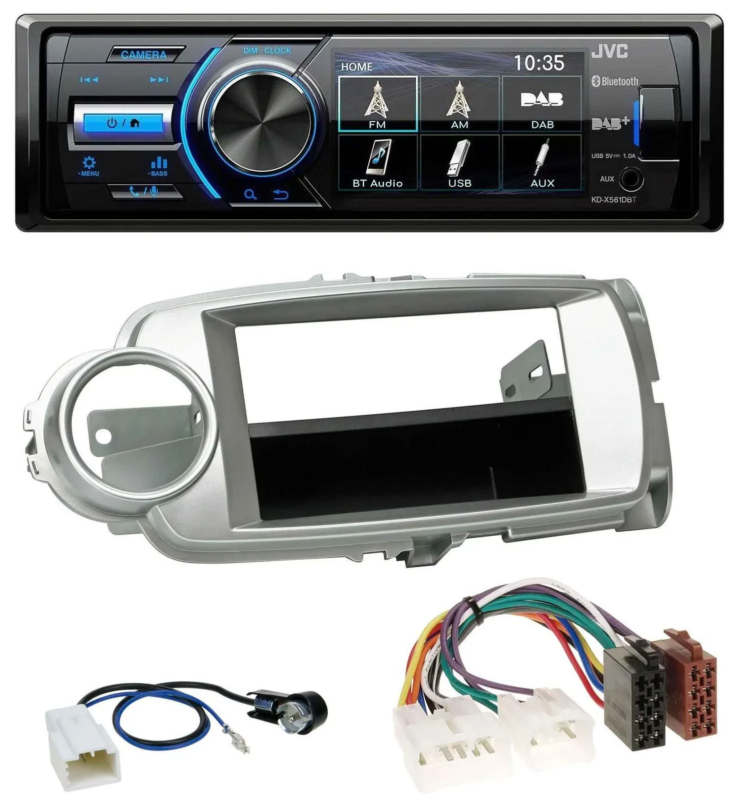 Автомагнитола для Toyota Yaris (2011–2014) JVC Bluetooth, MP3, USB, DAB, цвет серебристый