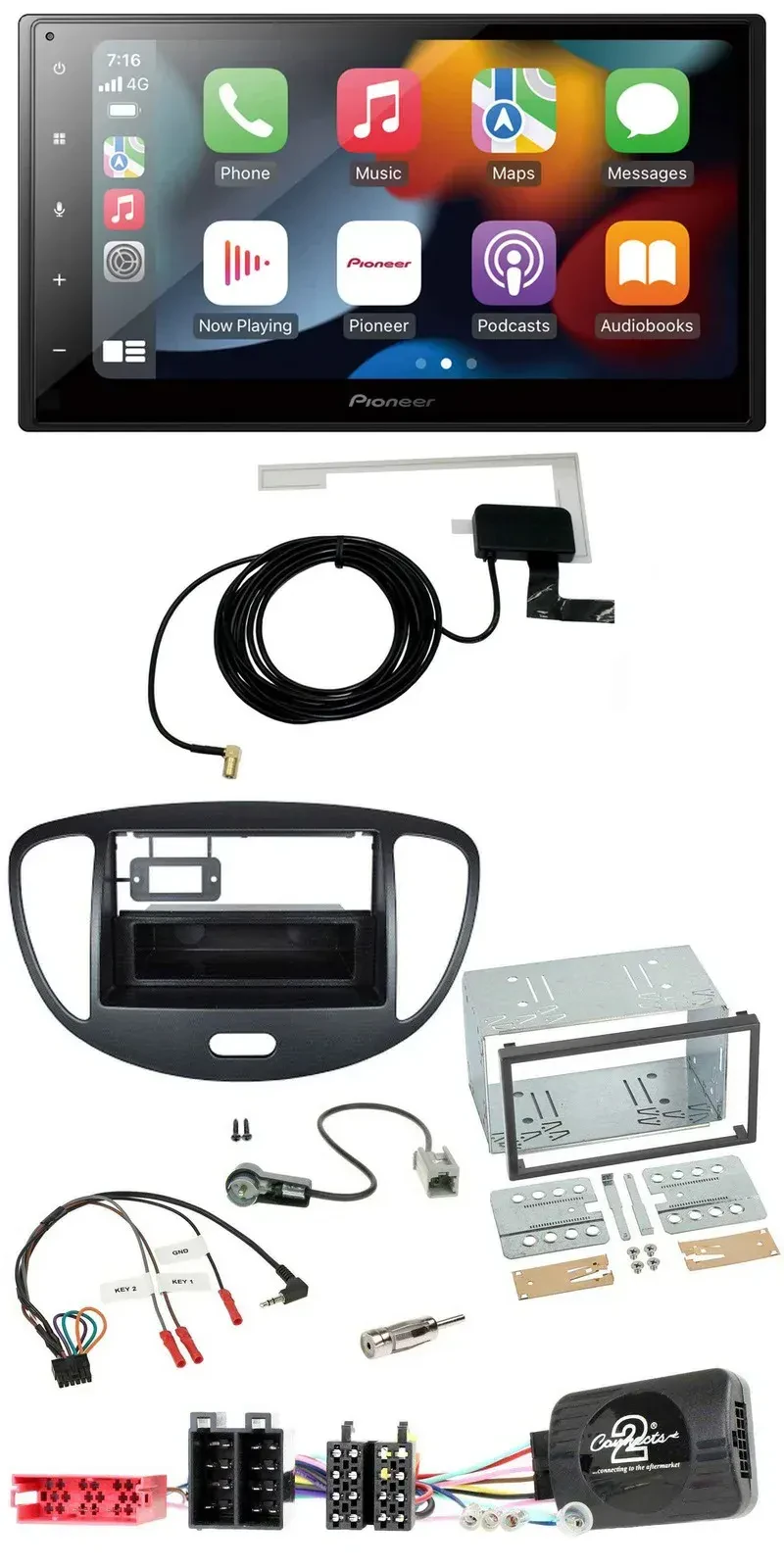 Автомагнитола для Hyundai i10 (2009–2013) Pioneer 2DIN USB Bluetooth DAB, черный, с поддержкой кнопок на руле