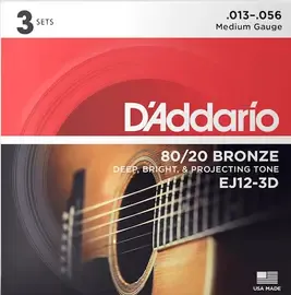 EJ12-3D Bronze 80/20 Струны для акустической гитары, бронза, 13-56, 3 комплекта, D'Addario