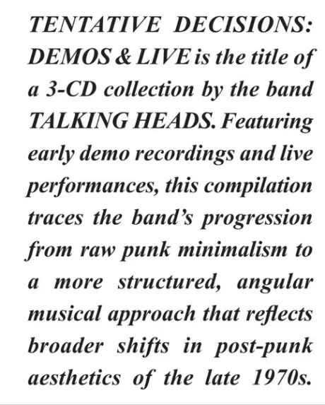 TALKING HEADS - Tentative Decisions: Demos & Live (3CD)