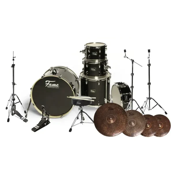 Fame Rock Set 22" BassDrum Satin Black Birch Chrome Hardware 6 Ply Snare Toms