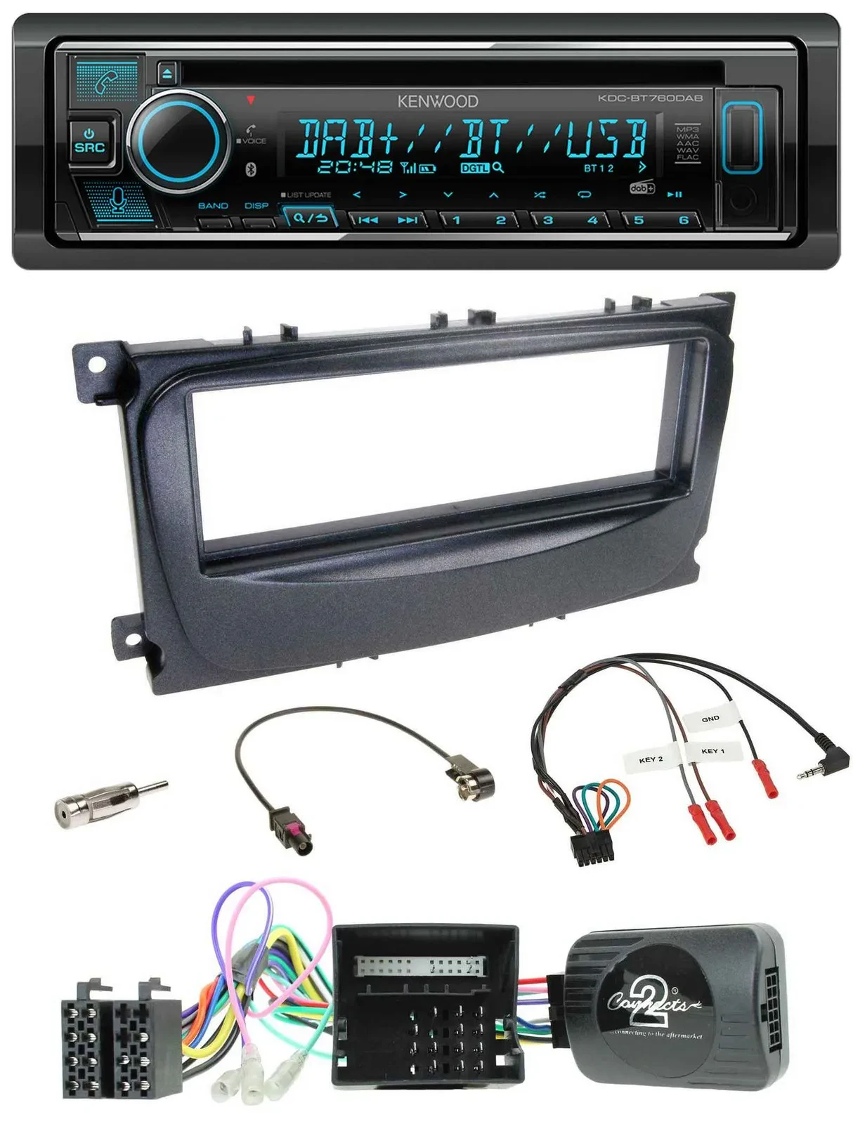 Автомагнитола Kenwood Bluetooth DAB USB CD для Ford C‑Max (2007–2010) и Focus, поддержка управления на руле (CAN)