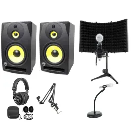 2) Rockville DPM10B 10" 800w Active Studio Monitors+Headphones+Mic+Foam+Stand