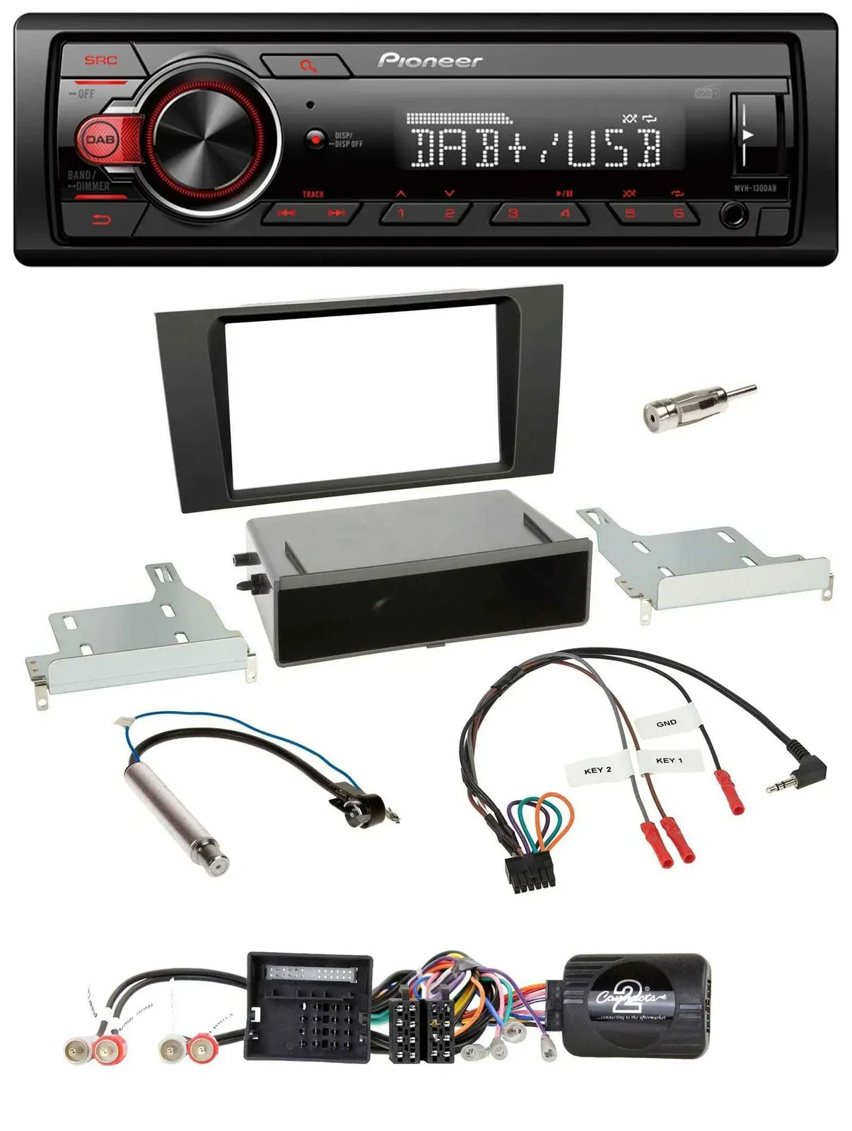Автомагнитола Pioneer 1-DIN DAB, USB, MP3 для Audi A4 (2000-2001), совместима с управлением на руле