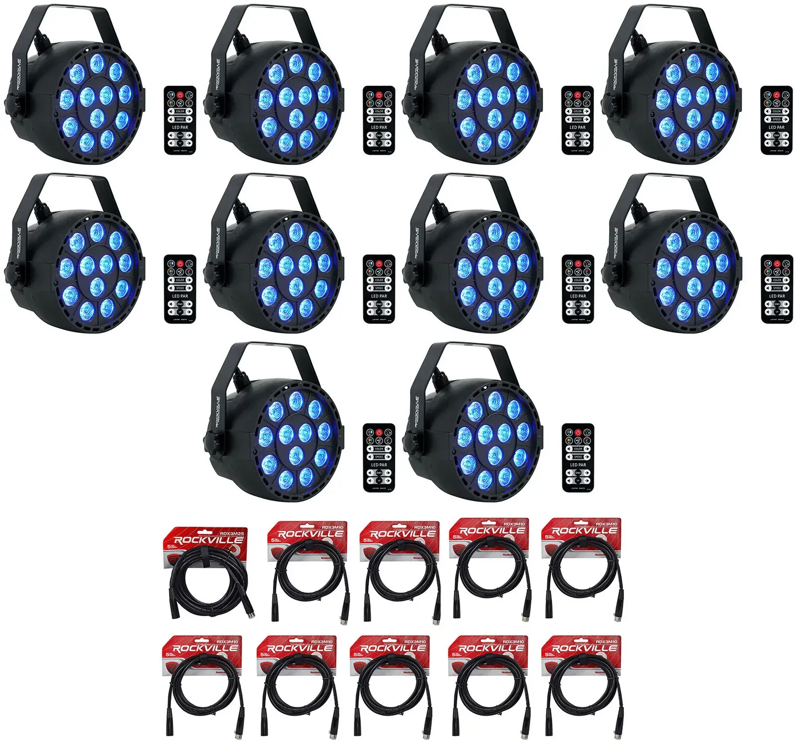 Светодиодный прибор Rockville RockPAR TRI LED RGB DJ Black с аксессуарами (10 штук)