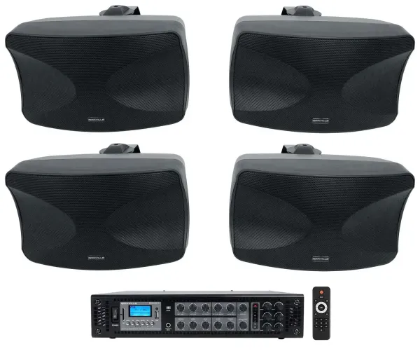 4 Rockville WET-44 PRO Dual 4" 4-Way Swivel 70V Commercial Speakers in Black+Amp