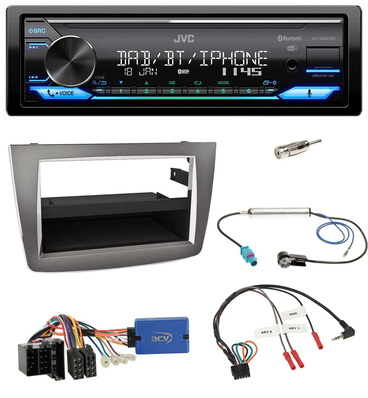 JVC Bluetooth DAB USB Lenkrad Autoradio für Alfa Romeo Mito 955 13-18 ISO silber