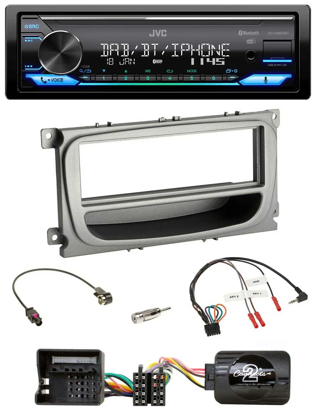 JVC Bluetooth DAB USB Lenkrad Autoradio für Ford C-Max Focus Galaxy ab 07 silber