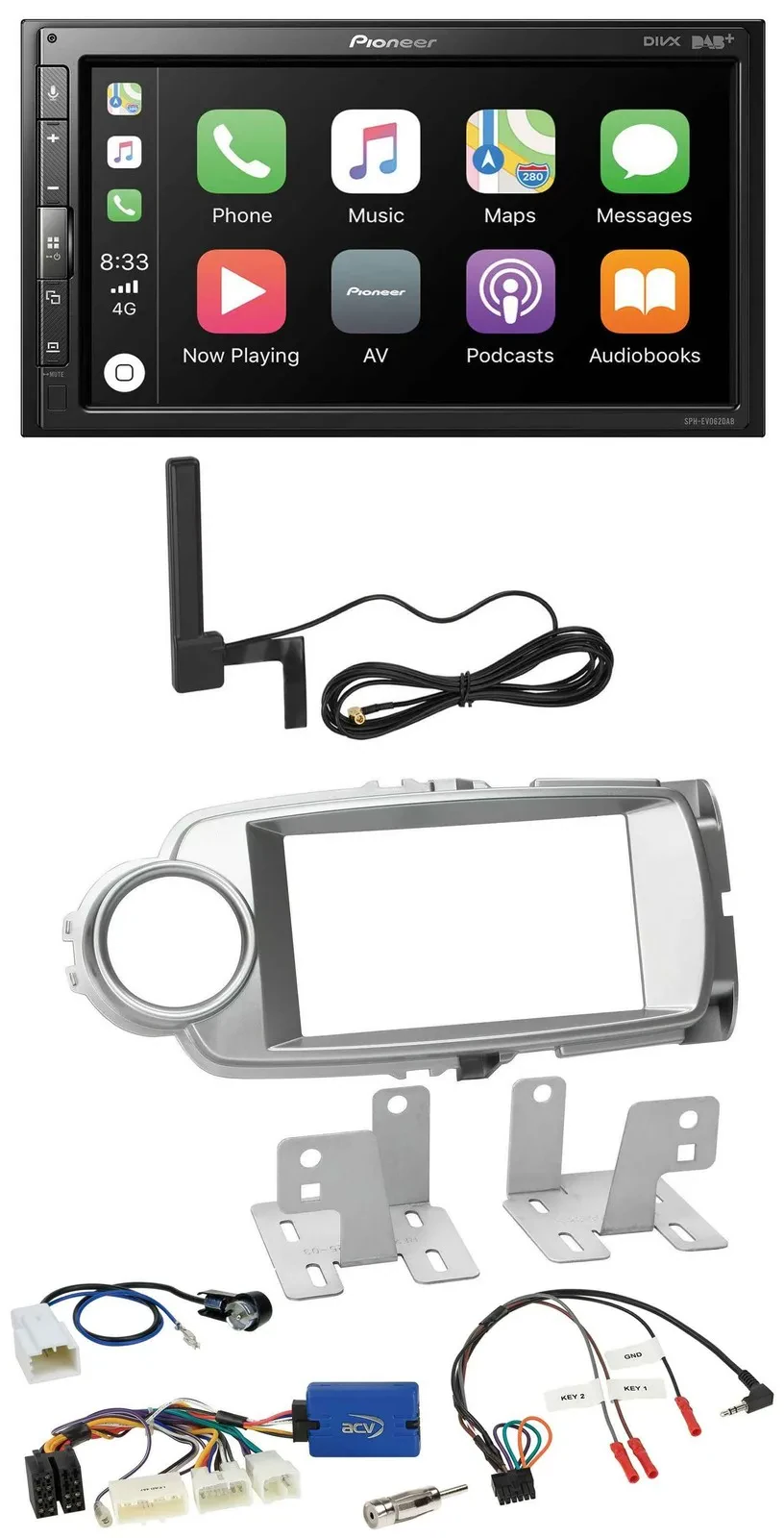 Автомагнитола для Toyota Yaris (2011–2014) Pioneer 2DIN, USB, Bluetooth, DAB, серебристая