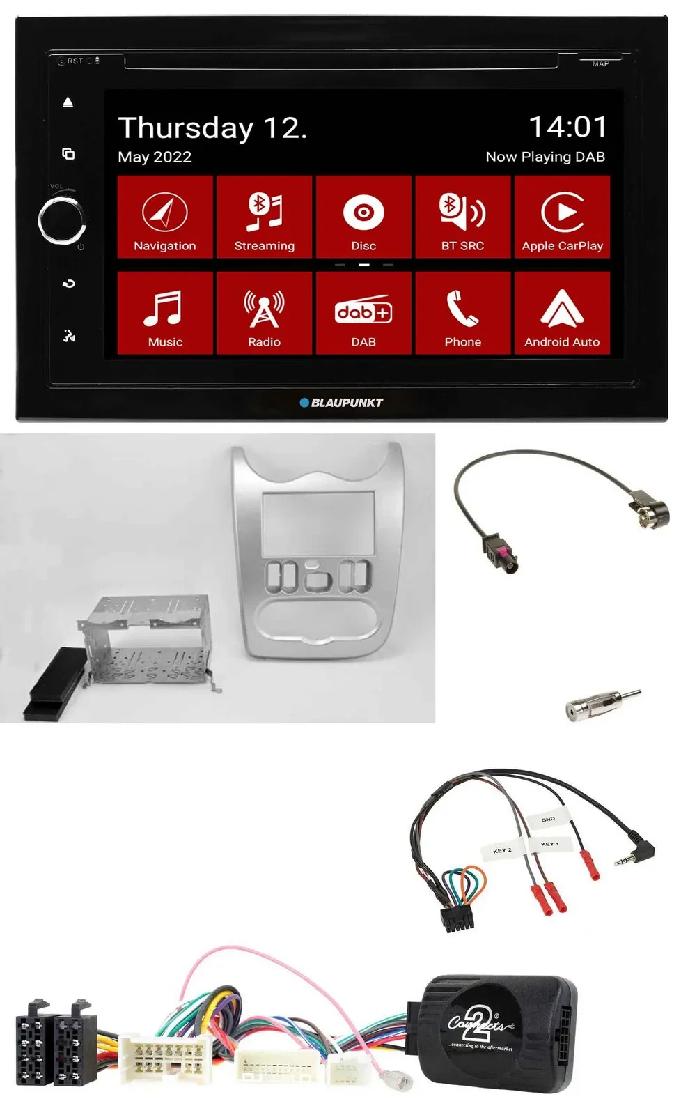 Blaupunkt 2DIN Lenkrad Bluetooth USB TMC DAB Navigation für Dacia ab 2012 hellsi