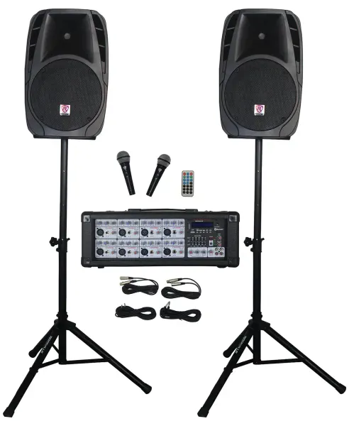 Rockville RPG2X12 Package PA System Mixer/Amp+12" Speakers+Stands+Mics+Bluetooth