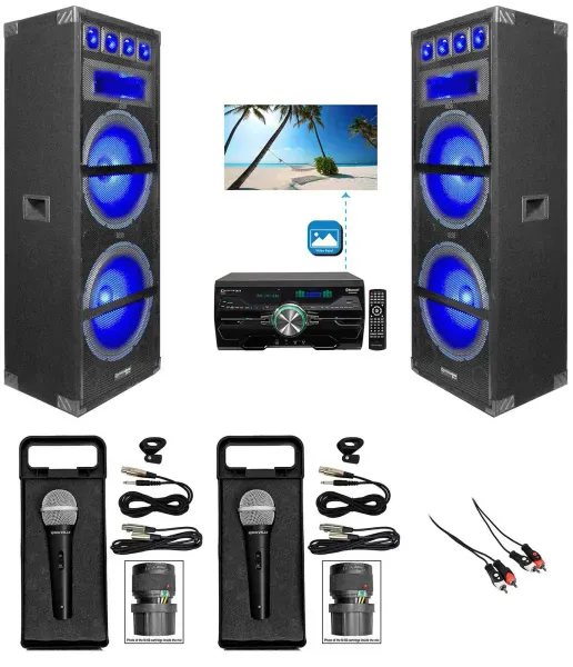 (2) Technical Pro Dual 15" 1800w LED Karaoke Speakers+Receiver+(2) Microphones