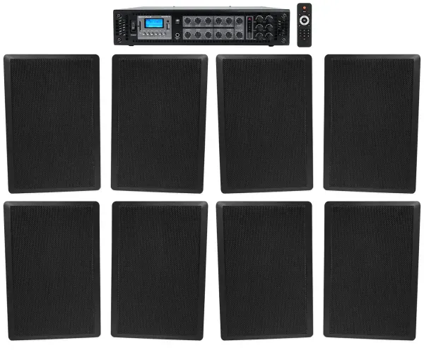 Rockville 6-Zone 70v Amplifier+(8) Slim Black Restaurant/Bar/Cafe Wall Speakers