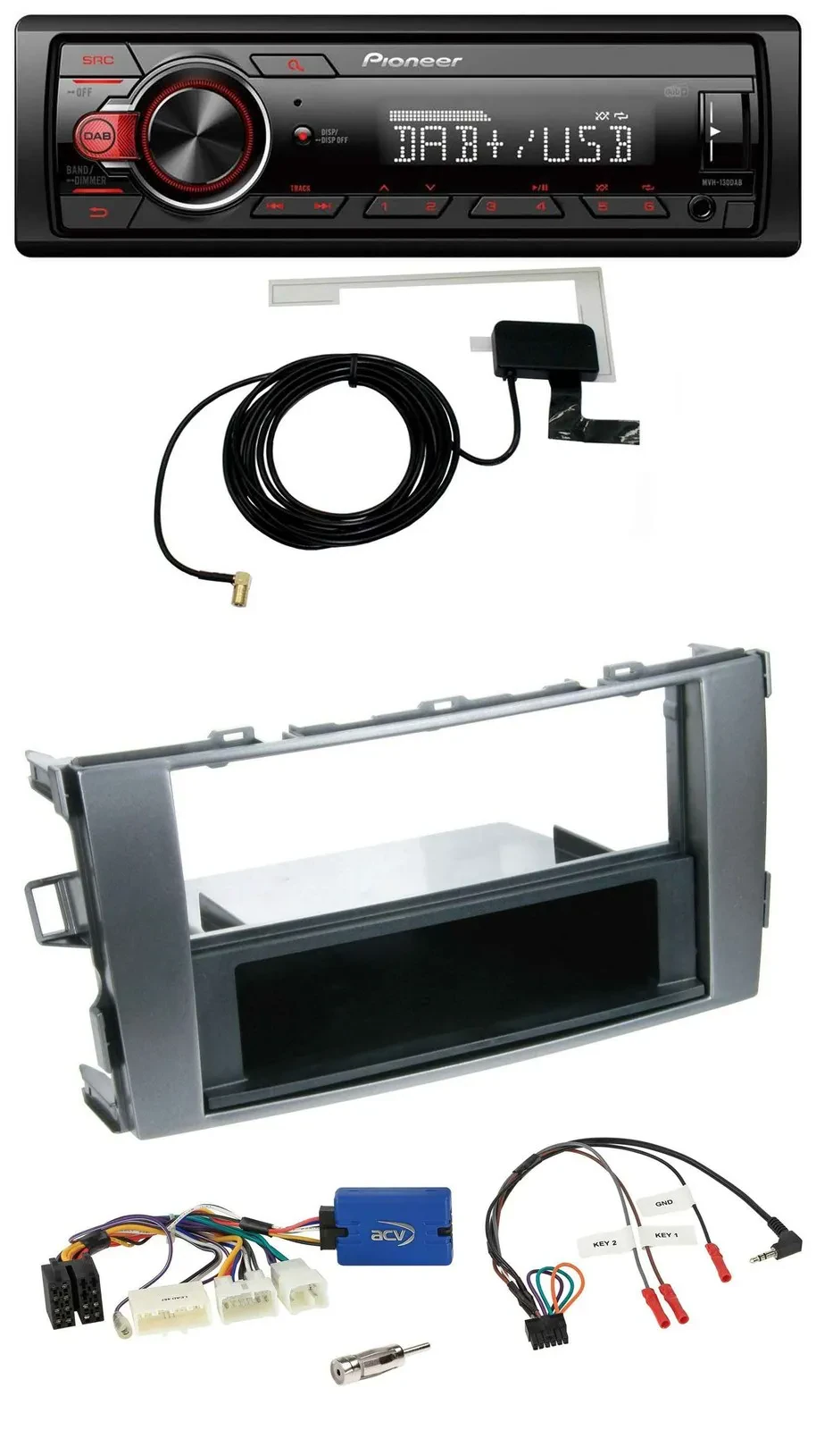 Автомагнитола Pioneer 1DIN MP3 DAB USB для Toyota Auris (2011–2012), антрацит, совместимая с кнопками на руле