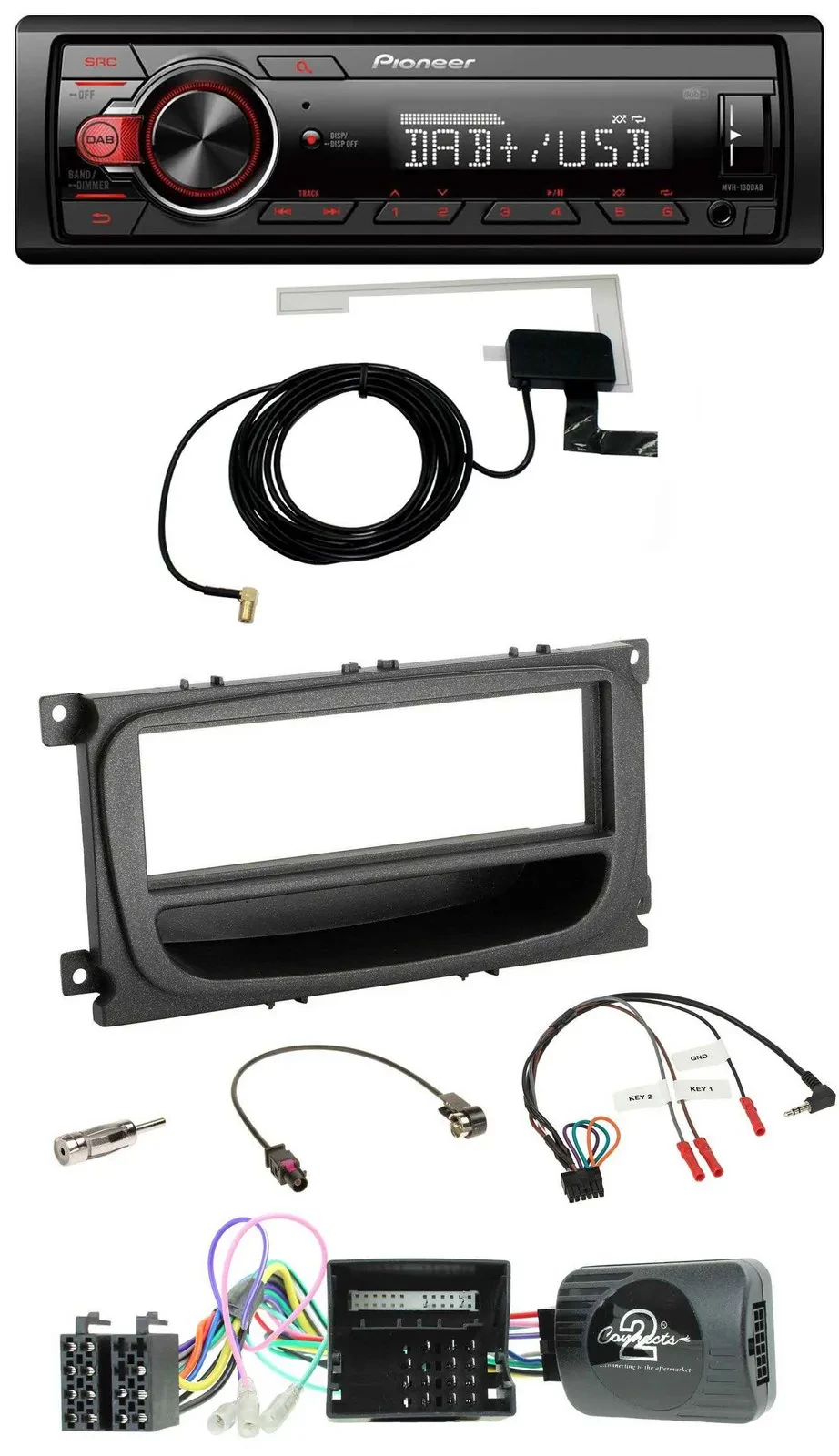 Автомагнитола Pioneer 1DIN MP3 DAB USB для Ford C‑Max/Focus/Galaxy (2007–2010), поддержка CAN и кнопок на руле