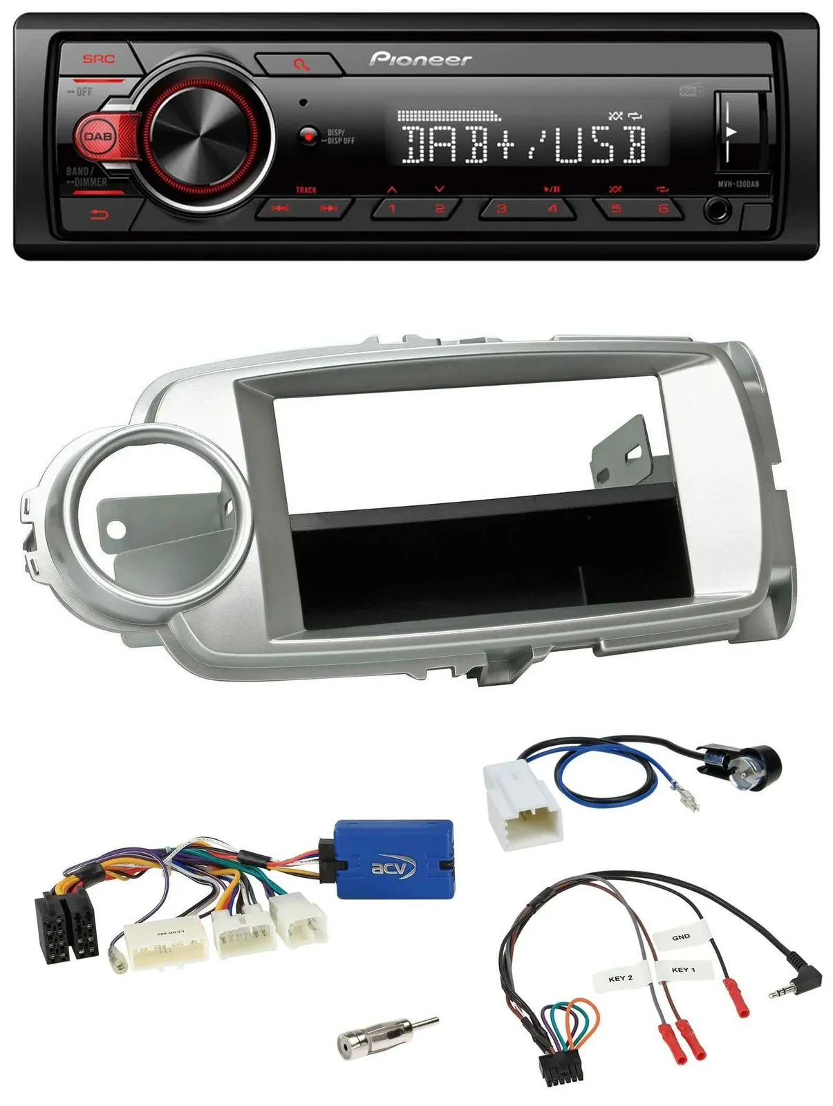 Автомагнитола Pioneer 1DIN, DAB, USB, поддержка управления с руля, для Toyota Yaris 2011–2014, серебристый